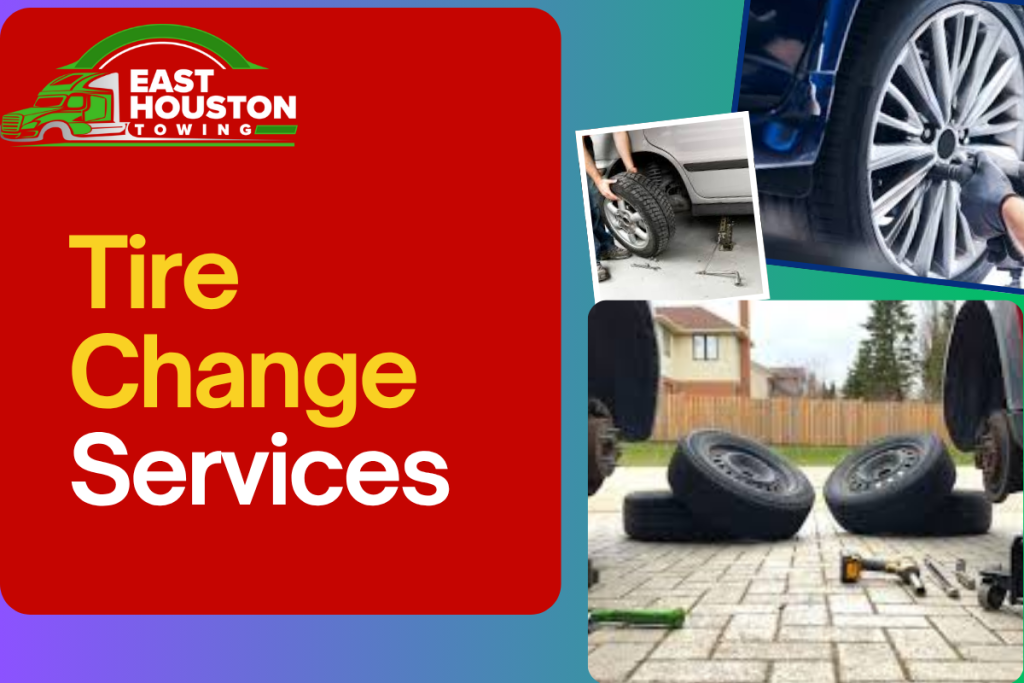 Technician performing a mobile tire change on a car in Galena Park, TX – roadside assistance service