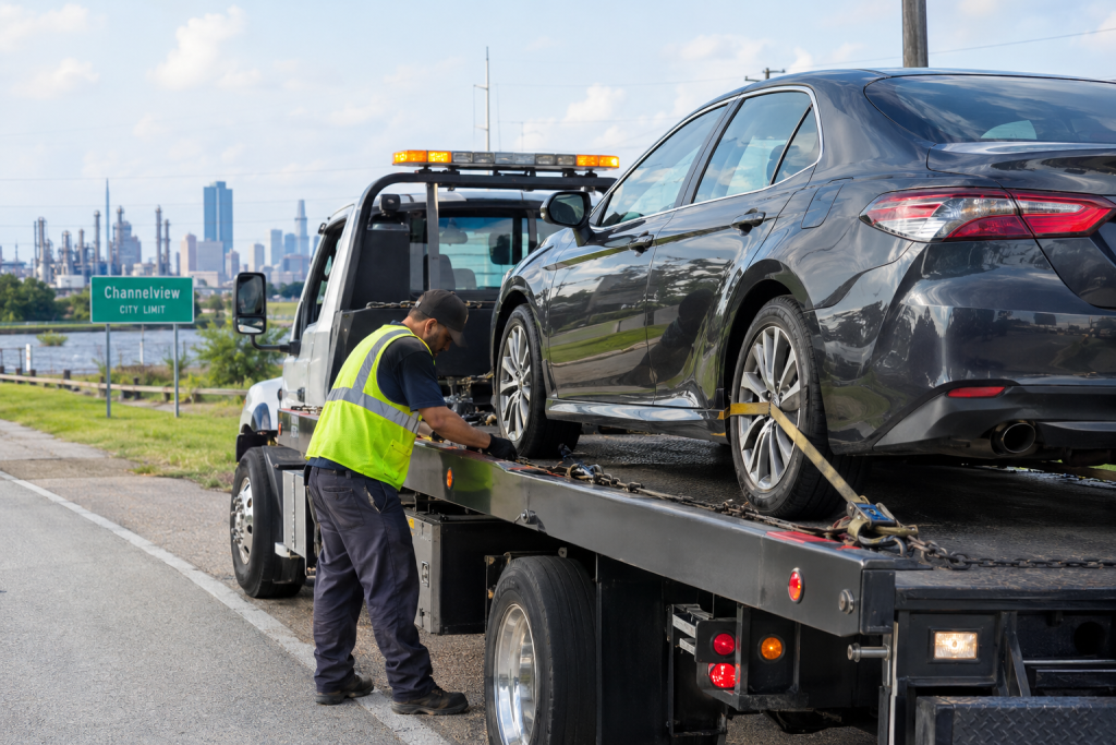 Towing Service Channelview TX – Flatbed Tow Truck Transporting a Disabled Car